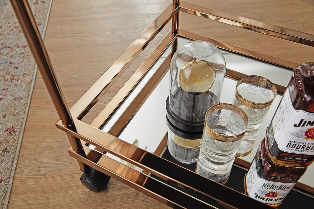 WOHNLING Design Servierwagen Dunkles Gold 2 Ebenen Mit Bremsen | Beistelltisch Auf Rollen | Speisewagen Mit Glasplatte | Küchenwagen | Teewagen 7 WOHNLING Design Servierwagen Dunkles Gold 2 Ebenen Mit Bremsen | Beistelltisch Auf Rollen | Speisewagen Mit Glasplatte | Küchenwagen | Teewagen – Bild 5