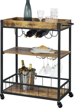 Servierwagen Barwagen Mit Flaschen- Und Glashalter Beistellwagen Allzweckwagen Rollwagen Schwarz/holzfarben [en.casa]