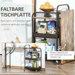 HOMCOM Küchenwagen Küchenrollwagen Servierwagen Mit 1 Klappbaren Tischplatte 2 Tabletts Und 1 Offenes Regal Rollen Verstellbare Fußpolster E1-Spanplatte Metall Rustikal-Braun 118 X 36,5 X 82 Cm -Küchenutensilien Laden 115ed4e61d278065a589d9cc2affc819