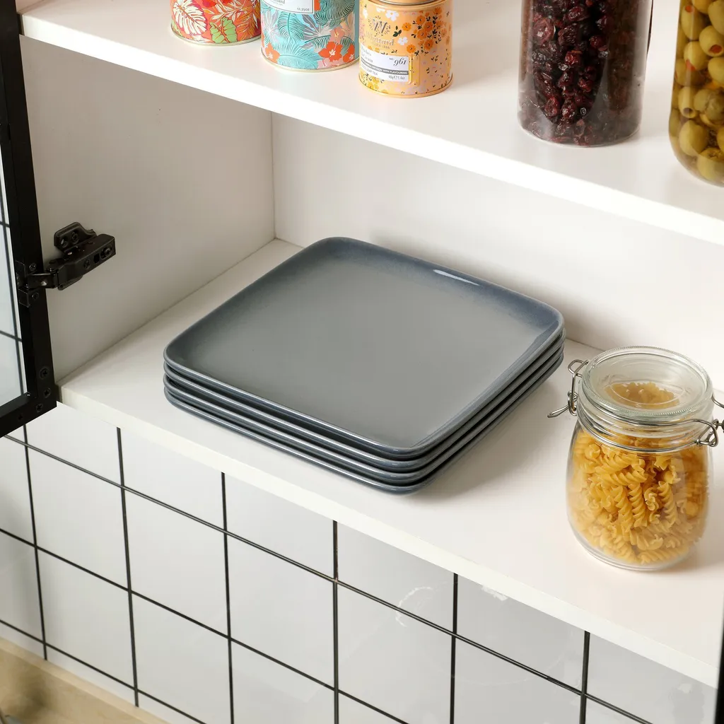 LOVECASA Tafelservice, 4-tlg Set Quadratische Speiseteller Aus Steingut, Flachteller, Frühstücksteller Für 4 Personen, Grau 12 LOVECASA Tafelservice, 4-tlg Set Quadratische Speiseteller Aus Steingut, Flachteller, Frühstücksteller Für 4 Personen, Grau – Bild 10