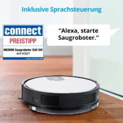 MEDION Saugroboter Mit Wischfunktion Und Zyklon Technologie S20 SW (Alexa App Steuerung, Modell 2021, Extra Flach, Regulierbare Wasserabgabe, Ladestation, Tierhaar Allergiker Optimiert) -Küchenutensilien Laden 28413e598262052f1068fa27291c4d6a
