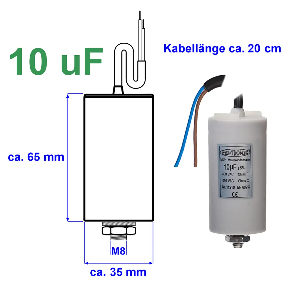 Kondensator Anlaufkondensator Motorkondensator Arbeitskondensato Kabel 10µF 450V 5 Kondensator Anlaufkondensator Motorkondensator Arbeitskondensato Kabel 10µF 450V – Bild 3