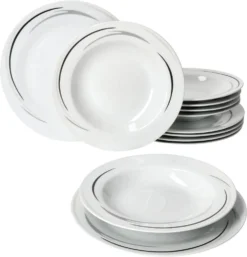 Mambo-Cat Kaffee-Tasse Porzellan-Becher Geschirr-Set Schüssel Bowl-Schale Tafel-Zubehör Suppen-Schälchen Speise-Teller Käse-Wurst Ess-Platte Frühstücks-Buffet Brunch Kuchen-Dessert Home Streifen-Grau Schwarz-Creme Kombi-Service Sechs-Personen -Küchenutensilien Laden 3d4d45593f3714bde53bf44580a7525a 1