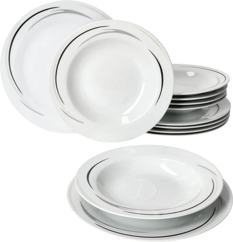 12tlg Tafel-Service Home Suppenteller Speiseteller Streifen Porzellan-Geschirr 3 12tlg Tafel-Service Home Suppenteller Speiseteller Streifen Porzellan-Geschirr – Bild 2