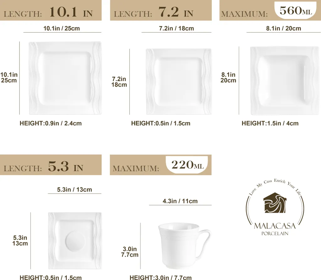 MALACASA, Serie Mario, 60 Tlg. Cremeweiß Porzellan Geschirrset Tafelservice Mit Je 12 Kaffeetassen, 12 Untertassen, 12 Dessertteller, 12 Suppenteller Und 12 Speiseteller 4 MALACASA, Serie Mario, 60 Tlg. Cremeweiß Porzellan Geschirrset Tafelservice Mit Je 12 Kaffeetassen, 12 Untertassen, 12 Dessertteller, 12 Suppenteller Und 12 Speiseteller – Bild 2