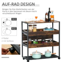 HOMCOM Küchenwagen Küchenrollwagen Servierwagen 3-stöckige Küchenregal Industrie-Design Mit Verstellbaren Füßen Rustikales Braun 80 X 40 X 90 Cm -Küchenutensilien Laden 41187b6ccceef72be37bd9035e905047