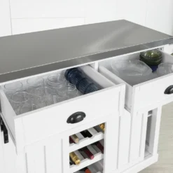 SoBuy FKW94-W Design Küchenwagen Mit Flaschenablage Küchenschrank Mit 2 Schiebetüren Und 2 Schubladen Servierwagen Mit Edelstahlplatte Sideboard Weiß -Küchenutensilien Laden 464e261aa82192b6635cae7c19d537a1