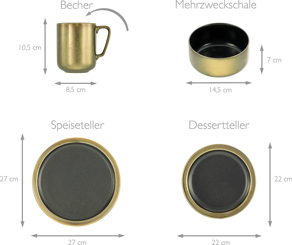 CreaTable 23592 Kombiservice Modern Industrial Für 4 Personen, Steinzeug, Schwarz/gold (1 Set, 16-teilig) 5 CreaTable 23592 Kombiservice Modern Industrial Für 4 Personen, Steinzeug, Schwarz/gold (1 Set, 16-teilig) – Bild 3