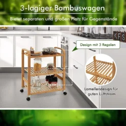 COSTWAY Servierwagen Mit 3 Ablagen, Griffen & Abnehmbarem Rollen, Küchenwagen Bambus Auf Rädern, Mobiler Allzweckwagen Rollwagen Lagerregal Für Küche, Flur & Bad, 58 X 33 X 76 Cm -Küchenutensilien Laden 47f299e1ec308fa10c46511842d8f884