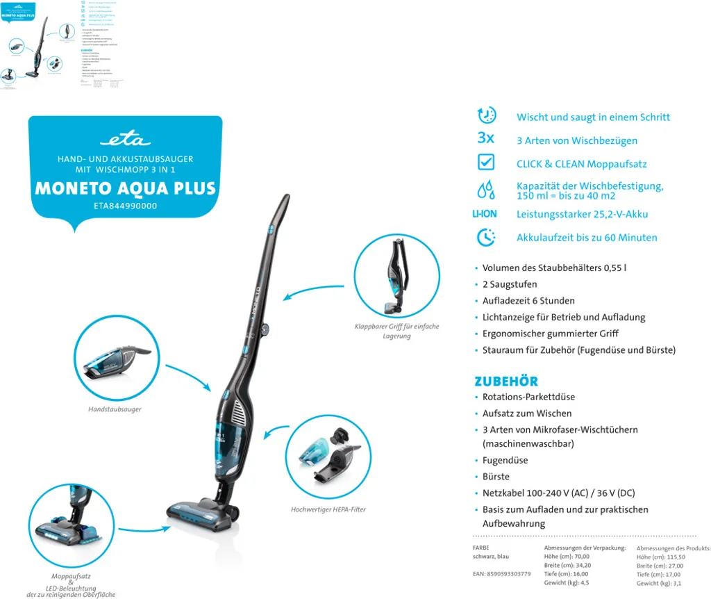 Hand-Akkusauger ETA 3in1 Moneto Aquaplus Artikel-Nr.: ETA844990000 3-in-1-Handstabstaubsauger Mit Wischer, 25,2 V Li-Ionen-Akku, HEPA-Filter Und UmfangreichemZubehör Für Die Perfekte Reinigung Des Gesamten Haushalt 15 Hand-Akkusauger ETA 3in1 Moneto Aquaplus Artikel-Nr.: ETA844990000 3-in-1-Handstabstaubsauger Mit Wischer, 25,2 V Li-Ionen-Akku, HEPA-Filter Und UmfangreichemZubehör Für Die Perfekte Reinigung Des Gesamten Haushalt – Bild 13
