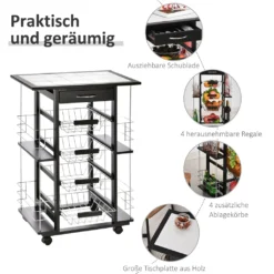 HOMCOM Servierwagen Auf Rollen, Küchenwagen Mit Arbeitsplatte Und Gewürzregal, Rollwagen, Küchentrolley, Kieferholz, Schwarz, 57 X 37 X 83 Cm -Küchenutensilien Laden 650421e5f072b291037f6d76825e3e67