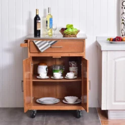 COSTWAY Küchenwagen Mit Schublade, Kücheninsel Mit Handtuchhalter, Küchenschrank Rollbar, Servierwagen Aus Holz, Kücheninselwagen, Mikrowellenwagen, Sideboard Naturholz -Küchenutensilien Laden 666f07eab723146164de46723c35db93