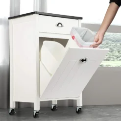 ONVAYA® Küchenwagen Anton Mit Mülleimer | Küchenrollwagen Aus Holz | Beistellwagen Für Die Küche | Nischenwagen Auf Rollen | Mit Schublade & Mülltrennsystem | Weiß -Küchenutensilien Laden 6f03445025a5c4263d25d32d312faf2c