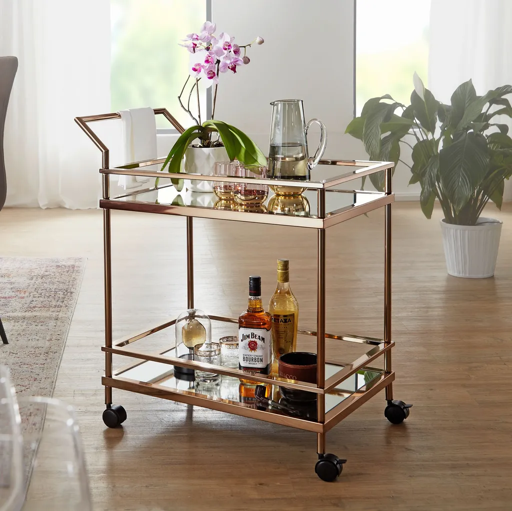 WOHNLING Design Servierwagen Dunkles Gold 2 Ebenen Mit Bremsen | Beistelltisch Auf Rollen | Speisewagen Mit Glasplatte | Küchenwagen | Teewagen 3 WOHNLING Design Servierwagen Dunkles Gold 2 Ebenen Mit Bremsen | Beistelltisch Auf Rollen | Speisewagen Mit Glasplatte | Küchenwagen | Teewagen