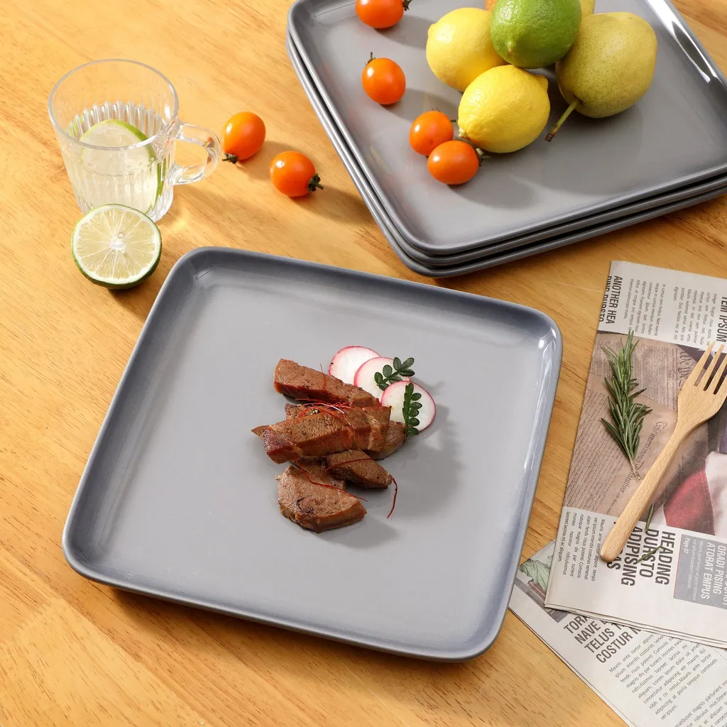 LOVECASA Tafelservice, 4-tlg Set Quadratische Speiseteller Aus Steingut, Flachteller, Frühstücksteller Für 4 Personen, Grau 6 LOVECASA Tafelservice, 4-tlg Set Quadratische Speiseteller Aus Steingut, Flachteller, Frühstücksteller Für 4 Personen, Grau – Bild 4