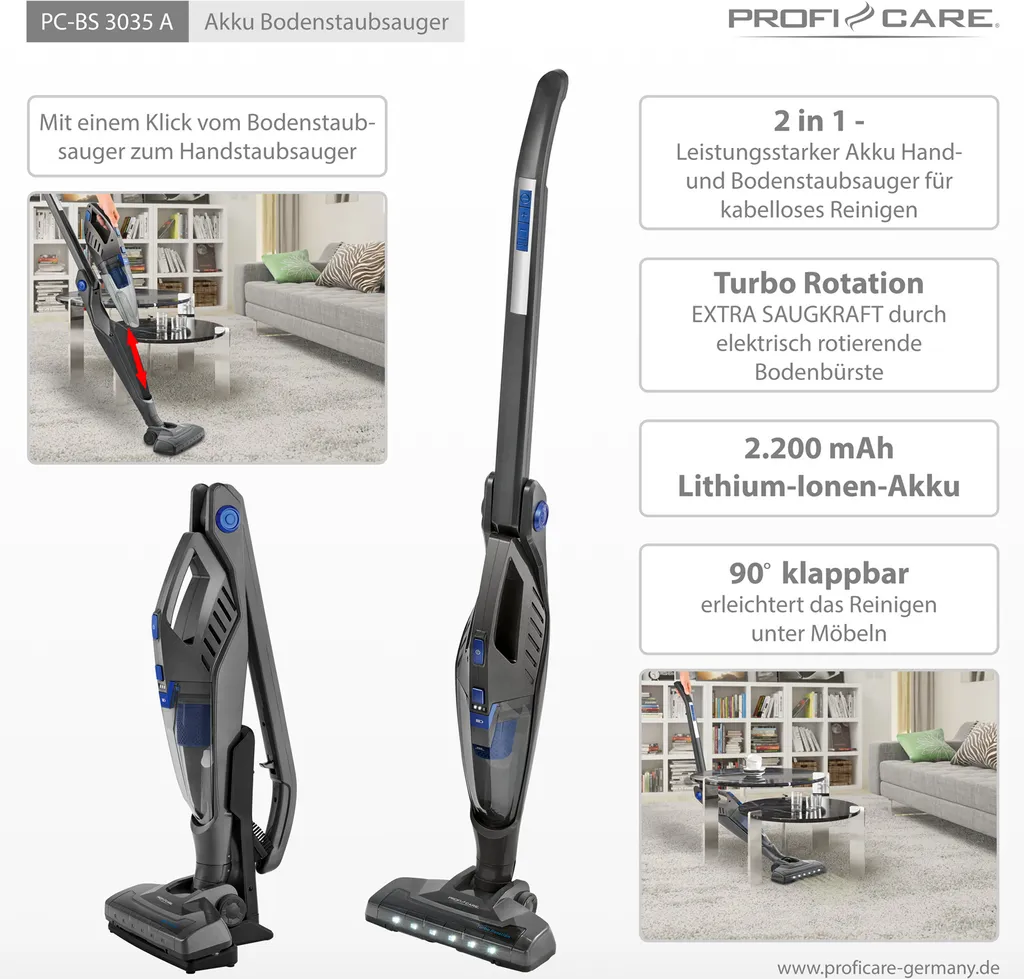 ProfiCare 2 In 1 Hand-und Bodenstaubsauger PC-BS 3035 A, Praktische Ladestation Inkl. Zubehörhalterung, Leistungsstarker 14,8 V Lithium Ionen Akku, Turbo Rotation, HEPA-Filter, Anthrazit-blau 10 ProfiCare 2 In 1 Hand-und Bodenstaubsauger PC-BS 3035 A, Praktische Ladestation Inkl. Zubehörhalterung, Leistungsstarker 14,8 V Lithium Ionen Akku, Turbo Rotation, HEPA-Filter, Anthrazit-blau – Bild 9
