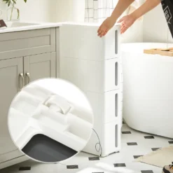 SONGMICS Küchenregal, Nischenregal Mit Rollen, Schmaler Rollwagen Mit 4 Schubladen, Mobil, Ausziehbar, Badregal, Küchenschrank Mit Rädern, PP-Kunststoff, Platzsparend, 45 X 17 X 84 Cm, Weiß-grau KFR008G01 -Küchenutensilien Laden 8c1d80ea46906e252ac68b00b6e3212c