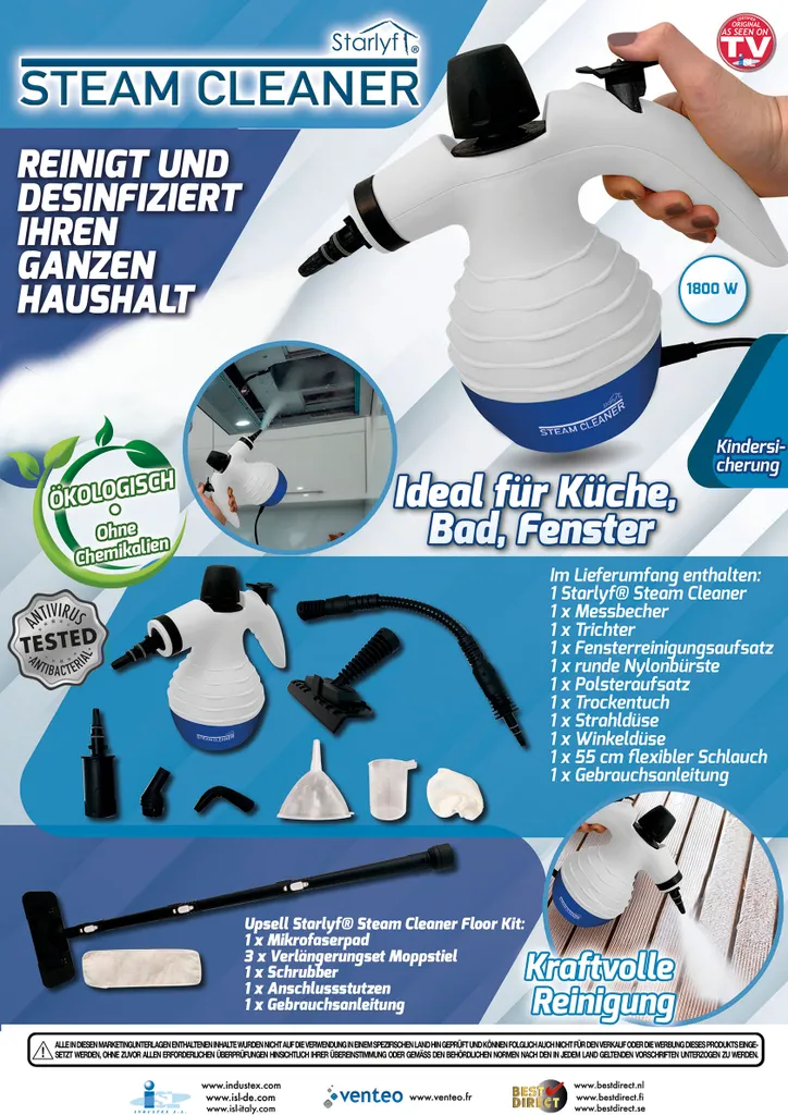 Starlyf® Steam Cleaner, Tragbarer Dampfreiniger, Dampfente, 0,35 L, 1050 W, 2,8 Bar, Weiß 12 Starlyf® Steam Cleaner, Tragbarer Dampfreiniger, Dampfente, 0,35 L, 1050 W, 2,8 Bar, Weiß – Bild 10