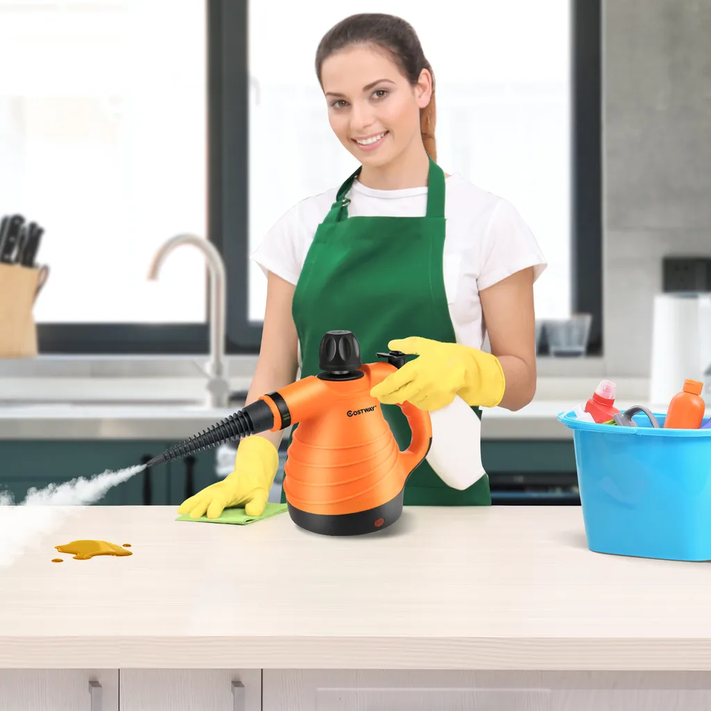COSTWAY Dampfreiniger Inkl. 9 Zubehör, Handdampfreiniger, Dampfreinigen Handgerät 3 Bar / 250ml / 1050W / 4min Aufheizzeit/für Teppiche, Vorhänge, Autositze, Küche (Orange) 4 COSTWAY Dampfreiniger Inkl. 9 Zubehör, Handdampfreiniger, Dampfreinigen Handgerät 3 Bar / 250ml / 1050W / 4min Aufheizzeit/für Teppiche, Vorhänge, Autositze, Küche (Orange) – Bild 2