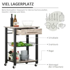 HOMCOM Küchenwagen Küchenrollwagen Servierwagen Mit Ablage Schublade Weinregal Spanplatte Metall Grau Eiche 60 X 50 X 84,5 Cm -Küchenutensilien Laden a9930ee54321840cfc879801ed871977