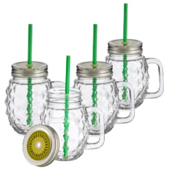 4x Sole Trinkgläser Mit Henkel, Deckel & Strohhalm 480 Ml Grün Henkelbecher Glas