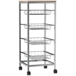 HOMCOM Servierwagen, Küchenwagen Mit Metallkörben, Küchentrolley, Beistellwagen, Silber, 36,5 X 36,5 X 89 Cm