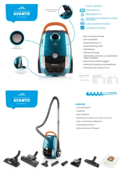 ETA Bodenstaubsauger AVANTO Blau ETA351990010, 700 Watt, Mit Beutel, HEPA Filter Nr. 12, Geeignet Für Haushalt Mit Haustieren -Küchenutensilien Laden c0580915f204c043eca516346fa1a2b9