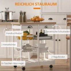 HOMCOM Küchenwagen Servierwagen Mit Ausziehbarem Korb Schublade Küchenrollwagen Weinablage Küchentrolley Holz Weiß 74 X 37 X 76 Cm -Küchenutensilien Laden c07fc1deea3fbcd7afd96d03a9497252