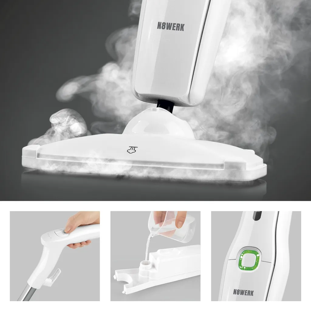 N8WERK Dampfbesen Moonlight White Edition Dampfbesen Dampfreiniger Fliesen Dampf Steam Teppich Hygiene Reiniger 1300W Mopp 6 N8WERK Dampfbesen Moonlight White Edition Dampfbesen Dampfreiniger Fliesen Dampf Steam Teppich Hygiene Reiniger 1300W Mopp – Bild 4