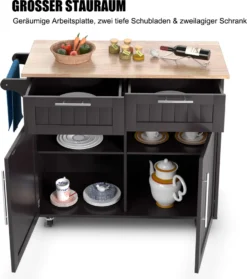 COSTWAY Küchenwagen Kücheninsel Mit Arbeitsplatte, 2 Schubladen Türen & Handtuchhalter, Servierwagen Holz Mit Rollen, 94x45,5x94,5cm, Braun -Küchenutensilien Laden c54c0764409a34db1886d320928bc9b5