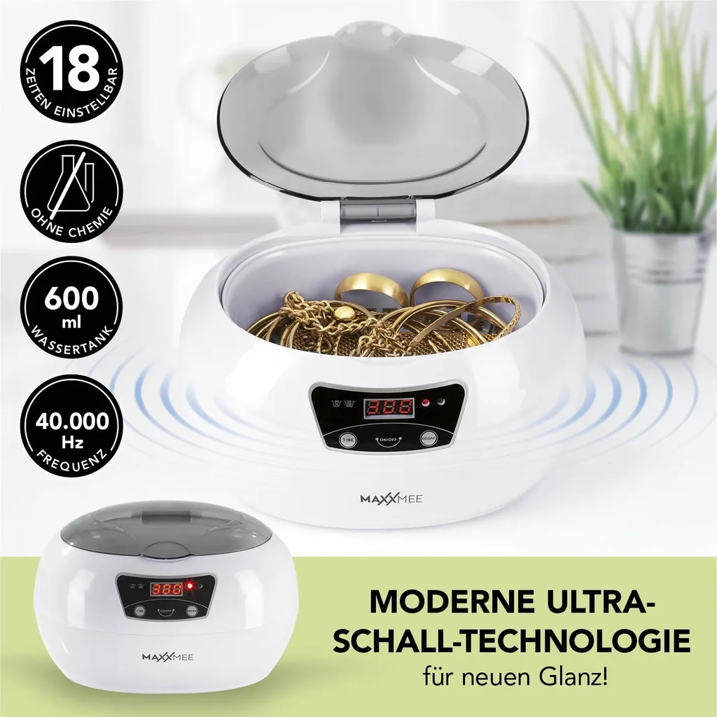 MAXXMEE Ultraschall Reinigungsgerät - 18 Reinigungszeiten - Grau/weiß Ultraschall Reinigungsgerät 600 Ml Timer Display Uhren Schmuck Brillen MAXXMEE 4 MAXXMEE Ultraschall Reinigungsgerät - 18 Reinigungszeiten - Grau/weiß Ultraschall Reinigungsgerät 600 Ml Timer Display Uhren Schmuck Brillen MAXXMEE – Bild 2
