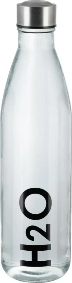 AXENTIA Glas Trinkflasche H2O 750 Ml, Borosilikatglas Mit Edelstahl-Deckel, Transparente Flasche Mit Schwarzem "H2O"-Aufdruck, Wasserflasche Für Büro