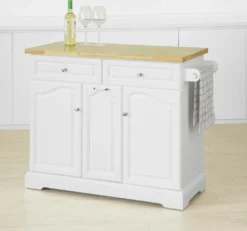 SoBuy FKW100-WN Kücheninsel Mit Arbeitsplatte Küchenwagen Mit 2 Türen Und Ausziehbarem Flaschenhalter Küchenschrank Sideboard Küchentrolley Weiß BHT Ca.: 115x90x46cm