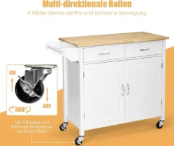 COSTWAY Rollende Kücheninsel Aus Gummiholz, Küchenwagen Mit Handtuchhalter & Verstellbarem Regal & Schubladen, Servierwagen Mit Arbeitsplatte Für Küche, Esszimmer & Bar (Weiß) -Küchenutensilien Laden d8ed4498d997866246f55735f906fe28