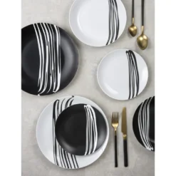 Waterside 0000006105 Tafelservice Milan Für 8 Personen + Streifen, Porzellan, Rund, Schwarz/weiß (1 Set, 24-teilig) -Küchenutensilien Laden e8eaf491ef2628c7b8ce65fbaa646e84