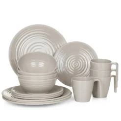 Melamin Camping Geschirr Set 4 Personen Coffee Design 16 Teilig Tafelgeschirr Picknick BBQ Kochgeschirr