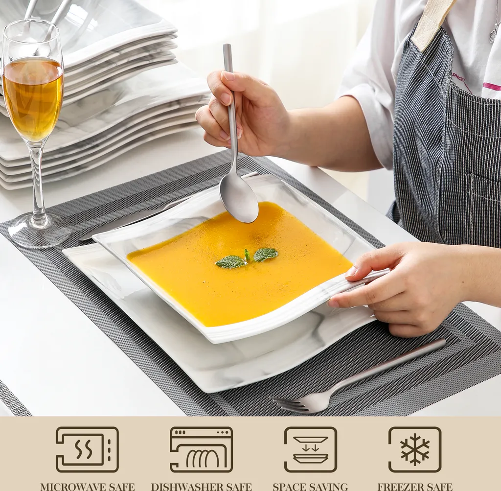MALACASA, Serie Flora, Marmor Porzellan Tafelservice 12 Teiligen Set Kombiservice Geschirrset Mit Je 6 Speiseteller Und 6 Suppenteller Für 6 Personen 5 MALACASA, Serie Flora, Marmor Porzellan Tafelservice 12 Teiligen Set Kombiservice Geschirrset Mit Je 6 Speiseteller Und 6 Suppenteller Für 6 Personen – Bild 3
