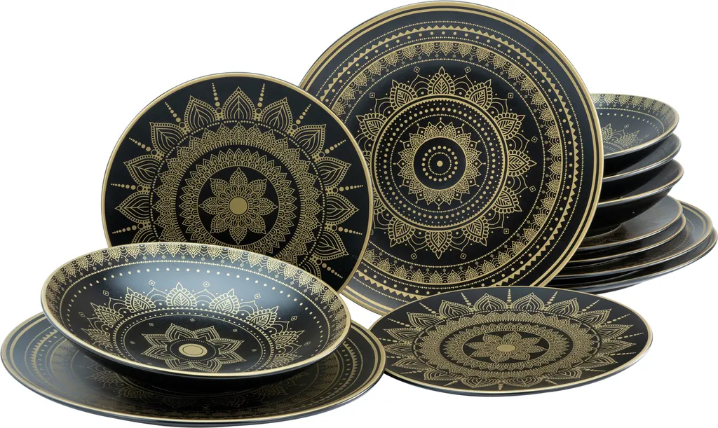 CreaTable 23588 Tafelservice Mandala Für 4 Personen, Steinzeug, Schwarz/gold (1 Set, 12-teilig) 5 CreaTable 23588 Tafelservice Mandala Für 4 Personen, Steinzeug, Schwarz/gold (1 Set, 12-teilig) – Bild 3